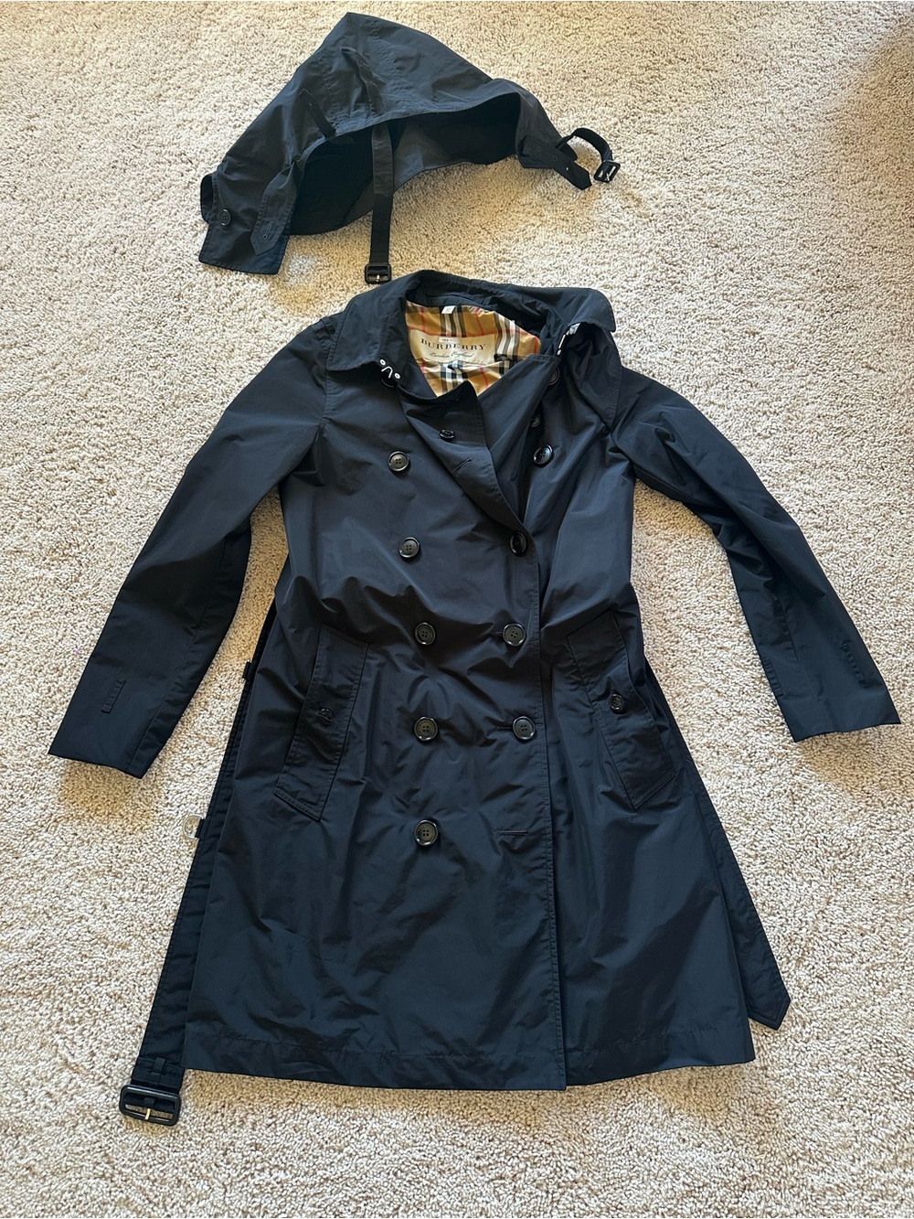 Burberry Kensington Black Taffeta Trench Coat Detachable Hood Belt US 4 UK 6